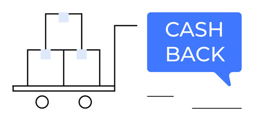 Warehouse cart carrying multiple boxes, moving towards a blue speech bubble containing the words CASH BACK. Ideal for logistics, finance, rewards, retail, e-commerce, savings, delivery incentives