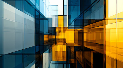 A geometric symphony of glass and metal, where azure and gold intersect in a dance of architectural ingenuity. Architectural Symphonies. Illustration