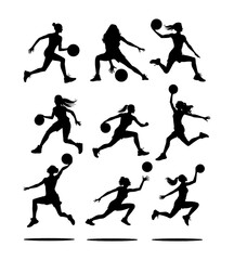 Set of sporty women silhouettes workout playing basketball, hobby and leisure