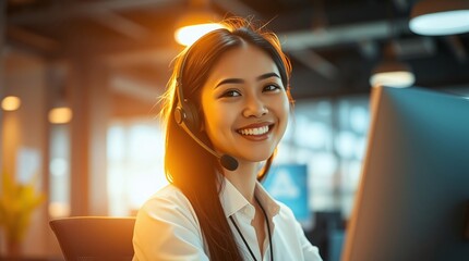 Filipino Female Call Center Agent Smiling While Wearing a Headset in a Modern Office