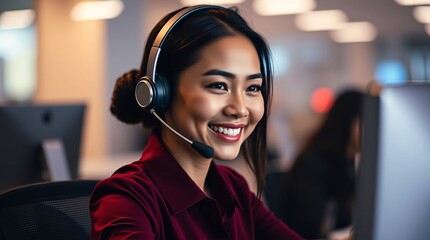 Filipino Female Call Center Agent Smiling While Wearing a Headset in a Modern Office