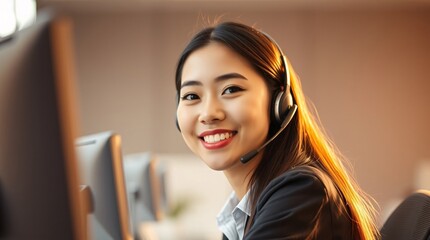 Filipino Female Call Center Agent Smiling While Wearing a Headset in a Modern Office