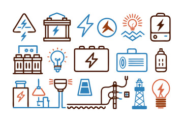 Electricity and Power Line Icons – Light Bulbs, Electrical Equipment, and Energy Symbols Vector Set, Minimalist line art electricity icons – power lines, bulbs, tools, and energy symbols in vector for
