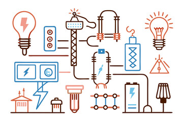 Electricity and Power Line Icons – Light Bulbs, Electrical Equipment, and Energy Symbols Vector Set, Minimalist line art electricity icons – power lines, bulbs, tools, and energy symbols in vector for