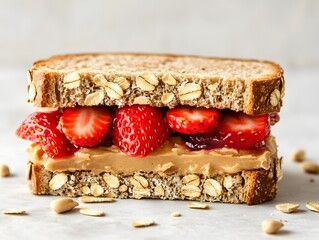 Open peanut butter and strawberry jelly sandwich on oat bread over a white rustic table