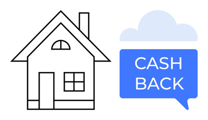 House outline next to a speech bubble with CASH BACK text, accompanied by a cloud icon. Ideal for real estate, finance, mortgage deals, home buying incentives, online shopping rewards, investment