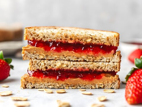 Open peanut butter and strawberry jelly sandwich on oat bread over a white rustic table - Powered by Adobe