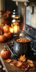 Autumnal stew simmers, pumpkins glow nearby.