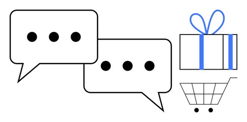 Two speech bubbles with ellipses indicating conversation next to a gift box and a shopping cart. Ideal for customer service, online shopping, chat support, retail, e-commerce, communication, social