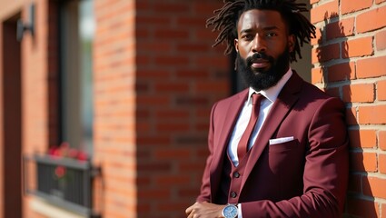 Fototapeta premium Stylish African Man in a Tailored Burgundy Suit Leaning Against a Brick Wall