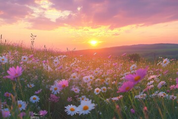 Obraz premium Sunset over field of wildflowers, hills in background, nature scene