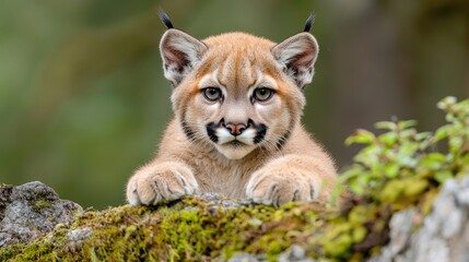 Obraz premium Cougar Cub Perched on Rocks, Forest Background. Possible Use Nature photography