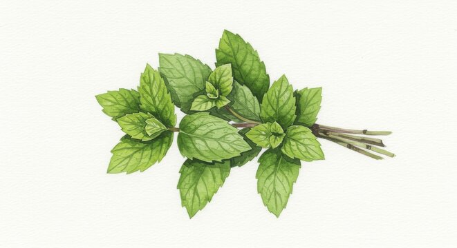 Watercolor banch of mint leaves on white background