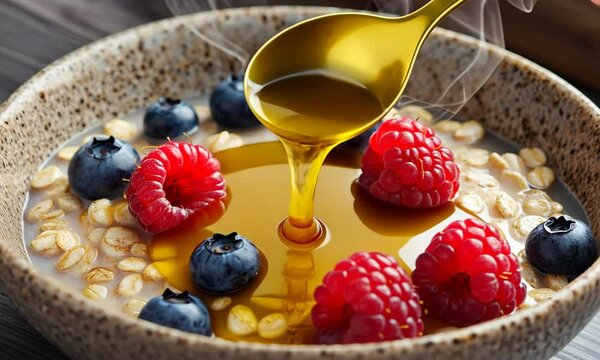 A warm bowl of oats is prepared with fresh blueberries and raspberries, then drizzled with golden honey. This nutritious meal provides energy and flavor to kickstart the morning