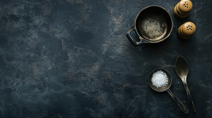 Flat Lay Composition of a Saucepan, Ladle, and Salt Shaker on a Dark Slate Background with Space for Text, Representing Hearty Meal Preparation and Home Cooking, Copy Space