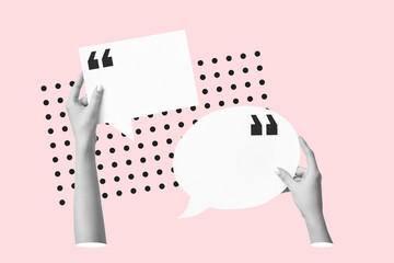 Female hands with blank speech bubbles on pink background