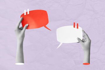 Female hands with blank speech bubbles on lilac background