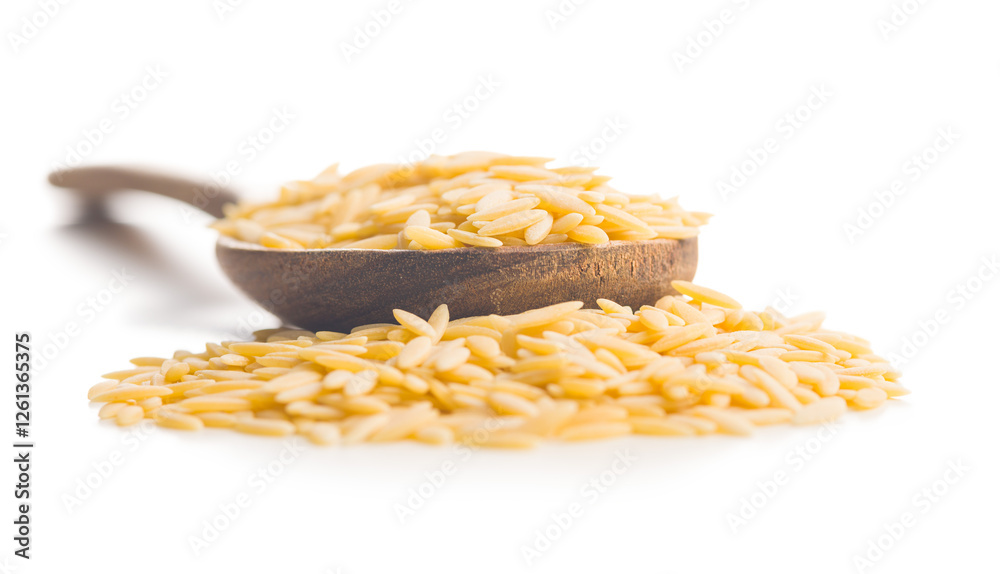 Wall mural Orzo, kritharaki, risoni pasta. Uncooked dry pasta in spoon  isolated on white background.