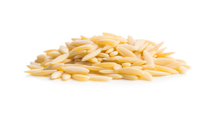 Orzo, kritharaki, risoni pasta. Uncooked dry pasta isolated on white background.