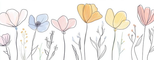 Simple line art drawing of different flowers in one continuous single line, pastel colors, clipart isolated on a white background Generative AI