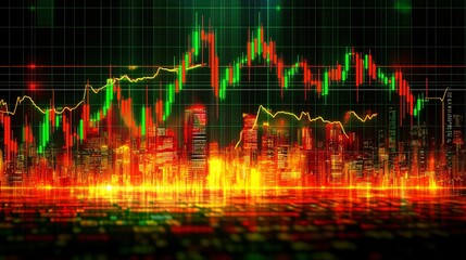 Dynamic Financial Cityscape Stock Market Candlestick Chart Graphic Design Modern Business Investment Background Image Digital Art Technology red data 