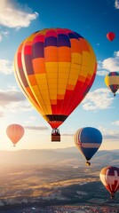 Fototapeta premium Hot air balloon flight over scenic landscape at sunrise