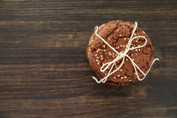 Sweet cookies on wooden background, top view