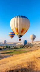 Obraz premium Hot air balloons soar over Cappadocia's landscape at sunrise, travel adventure