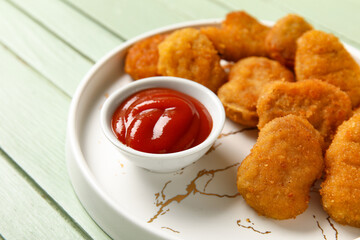 Plate with delicious nuggets and bowl of ketchup on green wooden table