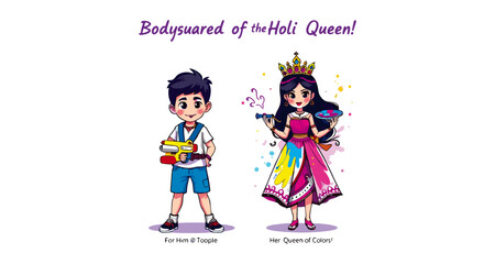 full shot of cartoon characters, likely from a children's book or greeting card, celebrating Holi.