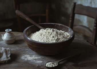 flour settled in an antique wooden bowl with a vintage spoon and a rustic table setting in the backdrop