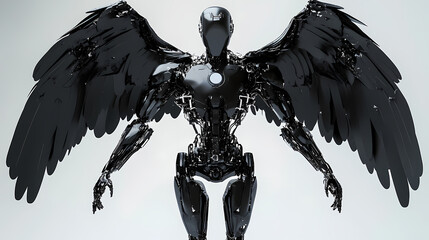 Angelic robotic figure with large black wings. Mechanical Angelic Beings. Illustration