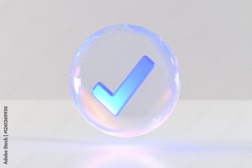 Poster modern 3d render of translucent bubble with checkmark symbol highlighting approval and confirmation