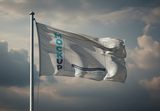 Fabric Flag Waving Hoisted on Flagpole Mockup Cloudy Sky