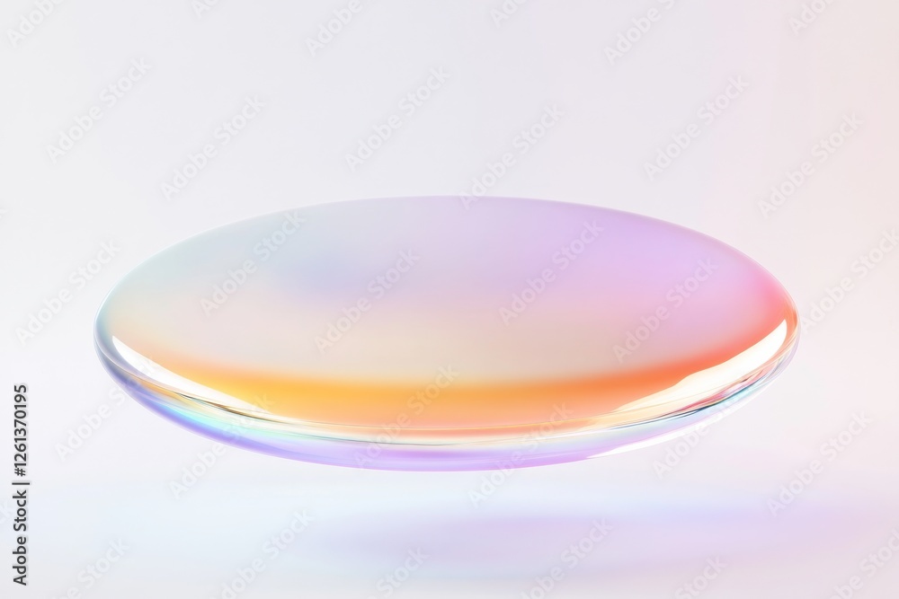 Poster colorful floating disk creates mesmerizing visual effect in minimalistic studio setting