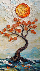Oil painting, three-dimensional tree with orange flowers on the top of an abstract sun surrounded by clouds and waves
