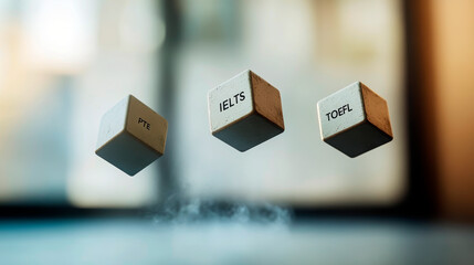 Minimalist 3D cubes labeled IELTS, PTE, and TOEFL