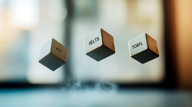 Minimalist 3D cubes labeled IELTS, PTE, and TOEFL