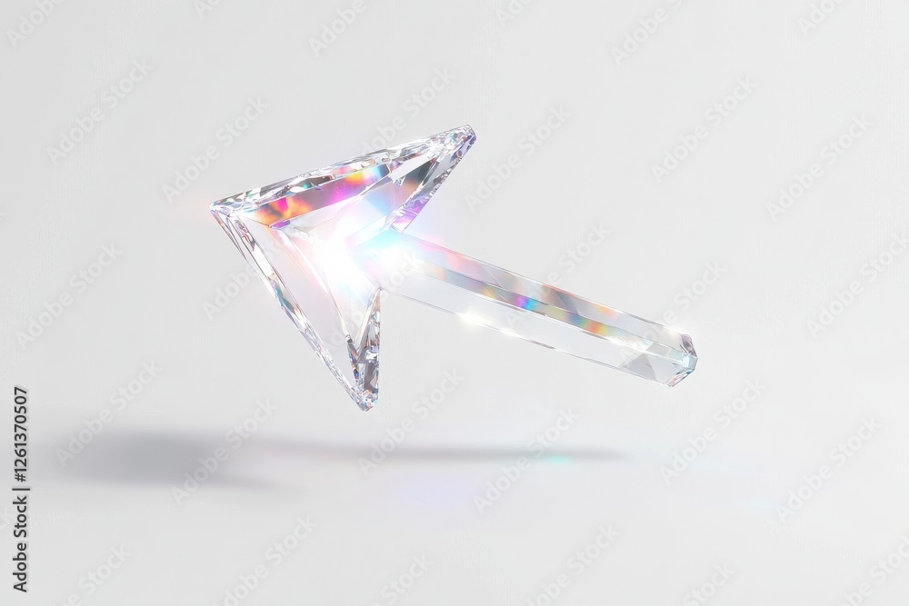 Poster creative render depicting a crystal arrow pointer reflecting light in a minimalist environment