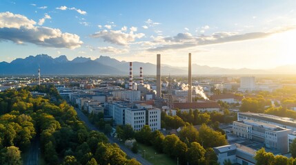 Obraz premium Industrial city sunset aerial view, mountains background