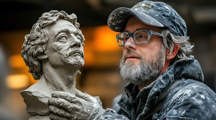 Sculptor refines clay bust, artistic process.