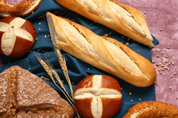 Different types of bread and wheat ears on pink table