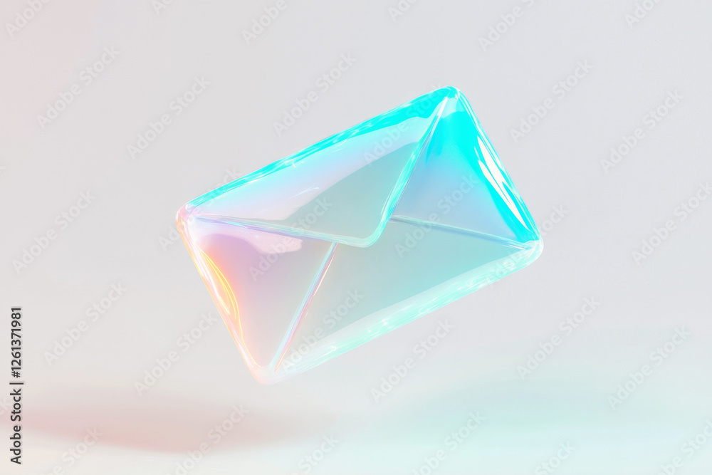 Poster render of an iridescent envelope with a minimalist design in a soft background light