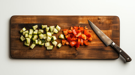 Flat Lay Featuring a Wooden Cutting Board with a Knife and Diced Vegetables on a Clean White Background, with Ample Space for Text, Ideal for Fresh Cooking Concepts, Copy Space