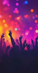 Crowd raising hands at concert, vibrant lights background.  Possible use Event promotion