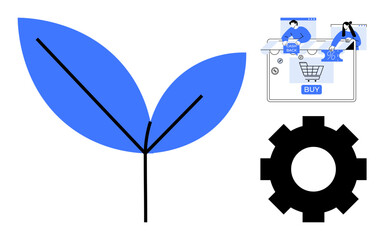 Business growth tree, e-commerce shopping cart with people, gear icon. Ideal for business growth, e-commerce, automation, technology, sustainability productivity online shopping. Line metaphor