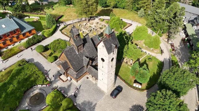Aerial footage of Vang Stave Church (Polish: Swiatynia Wang) in Karpacz, Poland