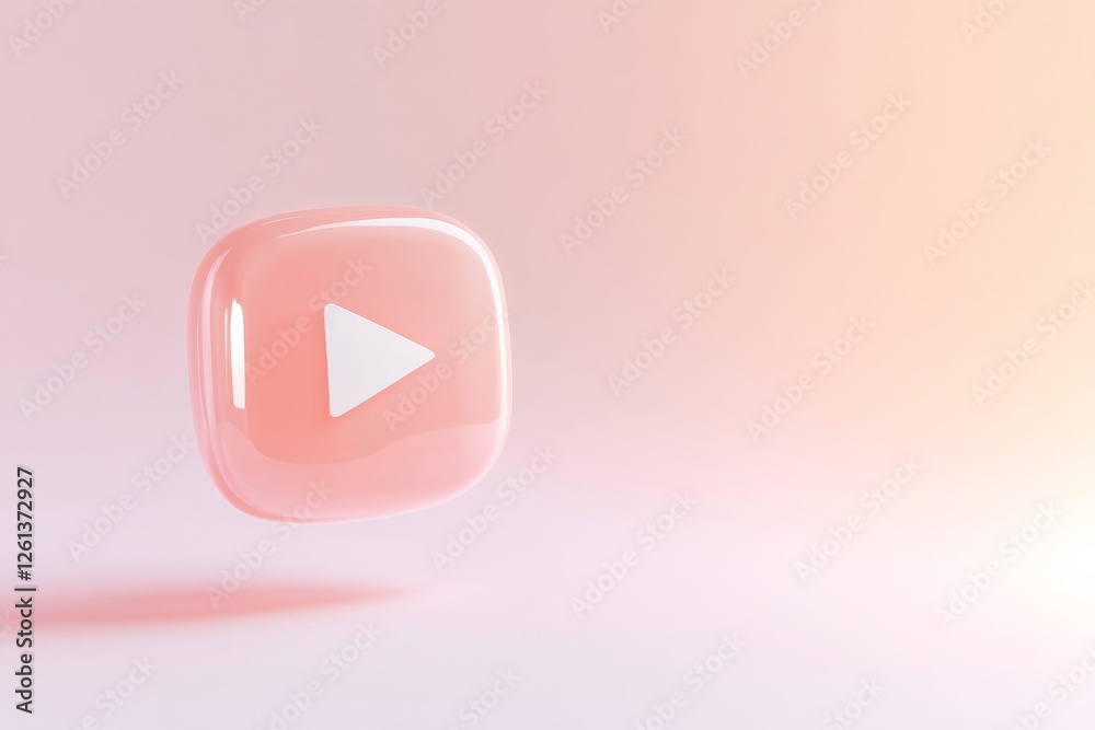 Poster flat design representation of media and communication with a pink play button icon floating in a sof