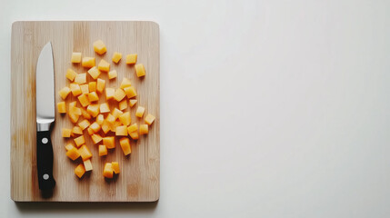 Flat Lay Featuring a Wooden Cutting Board with a Knife and Diced Vegetables on a Clean White Background, with Ample Space for Text, Ideal for Fresh Cooking Concepts, Copy Space
