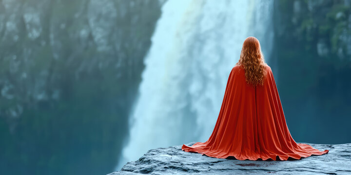 Woman in a bright colored cape sitting on the edge of a cliff against the background of nature and a waterfall. Meditation, relaxation, zen and unity with nature.